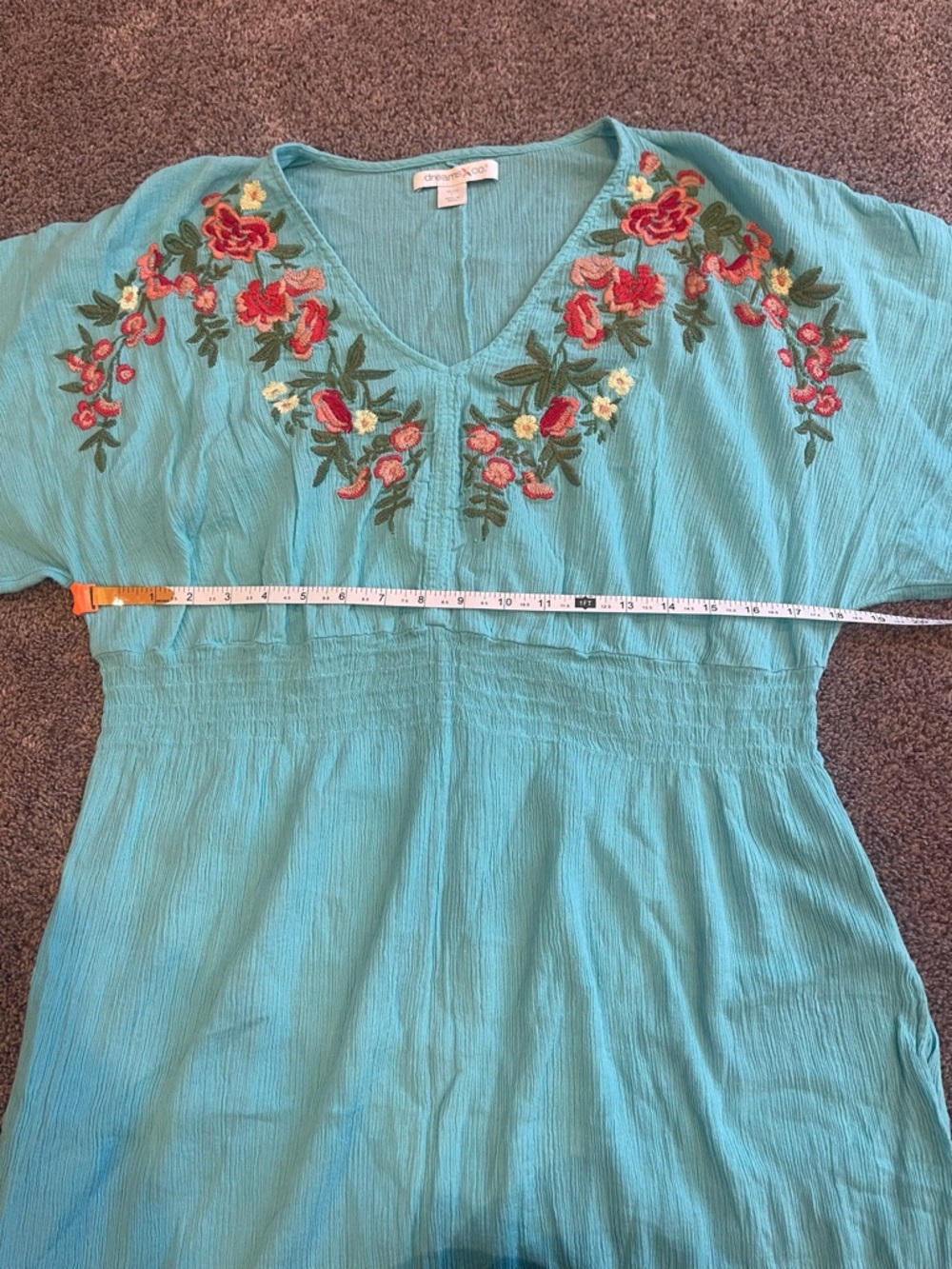 Dreams & Co Aqua Embroidered Floral Cotton Boho Midi Maxi Dress L 18/20 - Picture 8 of 8